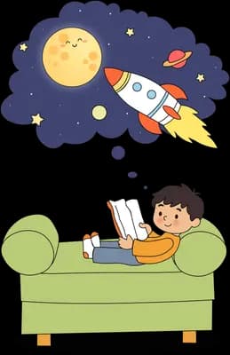 Boy reading on a green sofa while rockets and planets fly overhead