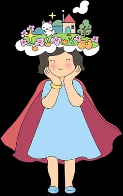 Girl in a blue dress and red cape wearing a tiny village as a headdress