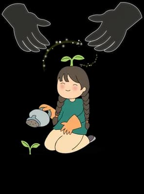 Girl kneeling to plant a seedling with a watering can beside her