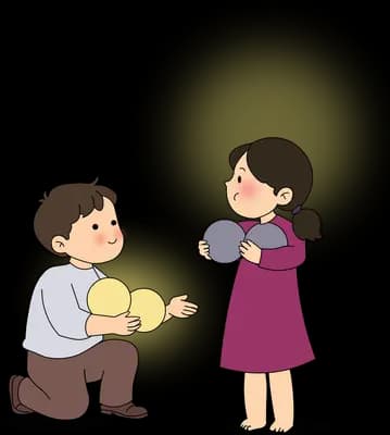 Boy offering a glowing bundle of light to a girl in a purple dress