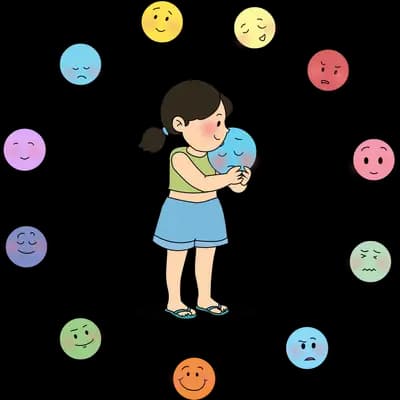 Girl standing inside a ring of coloured emoji faces