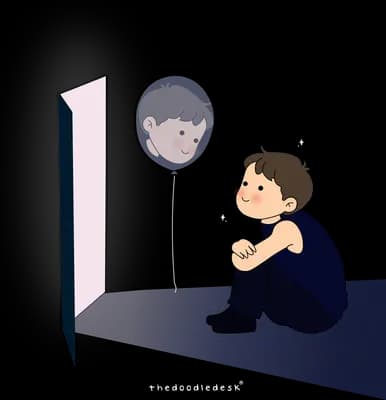 Boy sitting hunched on the floor beside an open door and a balloon