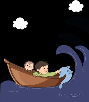 Girl lying in a small boat riding tall dark waves at sea