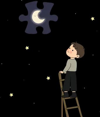Boy on a stepladder reaching for a giant black puzzle piece in the air