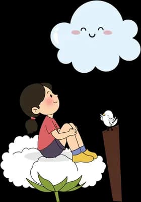 Girl sitting on a fluffy smiling cloud beside a tall post
