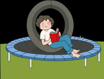Boy bouncing on a trampoline holding a red bucket of water