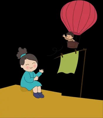 Girl hanging laundry on a yellow hill beside a red hot air balloon