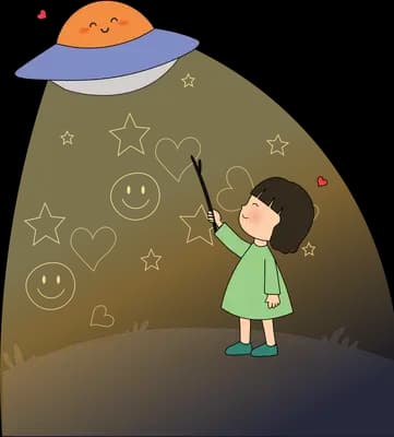 Child reaching up toward a ufo shining a beam of light on a dark hill