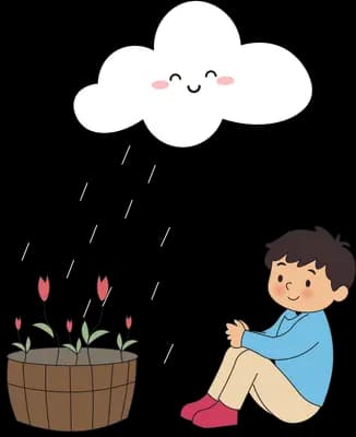 Boy sitting beside a basket of tulips under a cloud on a string