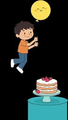 Boy leaping toward a cake on a blue table under a glowing lamp