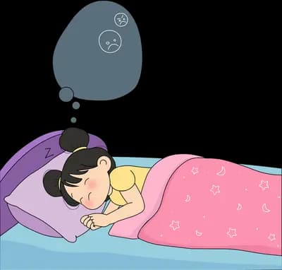 Girl asleep under a pink quilt with a dark grumpy thought cloud overhead