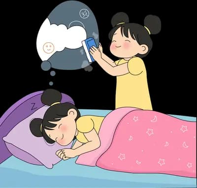 Girl pulling a dark storm cloud away from another girl asleep in bed
