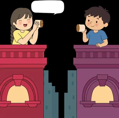 Girl and boy on facing rooftops talking through a tin can string phone