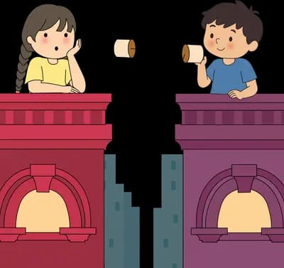 Two children on rooftops holding paper cups joined by a long string