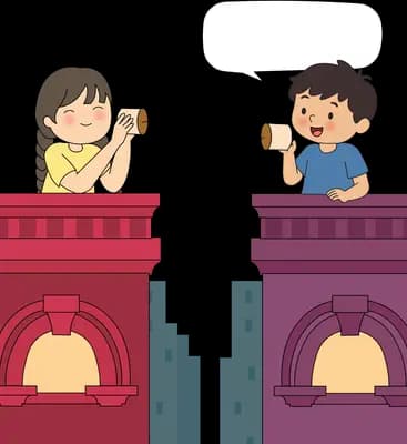Girl and boy calling across rooftops with a blank speech bubble between them