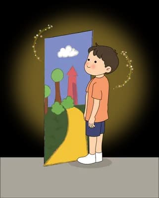 Boy standing at a glowing doorway that opens onto a green landscape