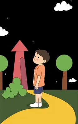 Boy standing on a green hill path beside a small rocket and trees