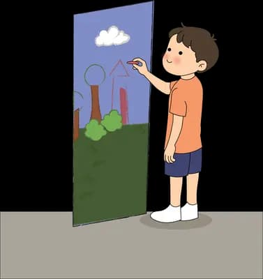 Boy reaching toward a poster board showing a rocket and sky