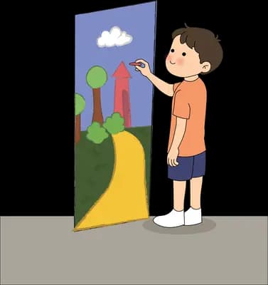 Boy at a poster board with a yellow slide spilling out of the picture