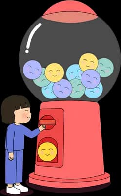 Girl at a red gumball machine holding a yellow smiley gumball