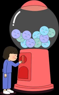 Girl reaching up to a large red gumball machine full of gumballs