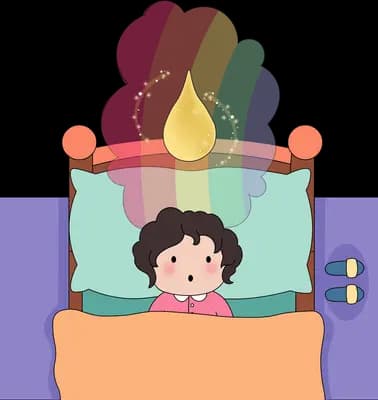Girl lying in bed with a rainbow and colourful clouds rising overhead