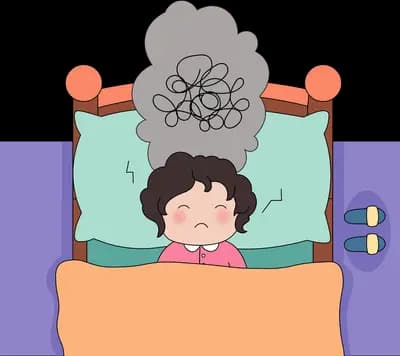 Girl awake in bed under a dark scribble cloud trailing grey smoke