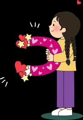 Girl holding a pink magnet pulling red hearts toward her