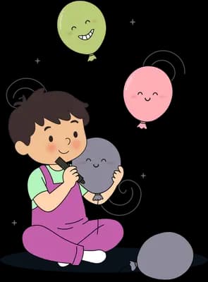Boy on the floor cradling a grey deflated balloon beside happy balloons