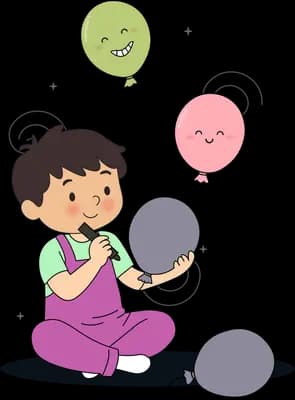 Boy seated holding a limp balloon while green and pink balloons float above