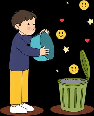 Boy tipping a bin of smiley faces into a green trash can