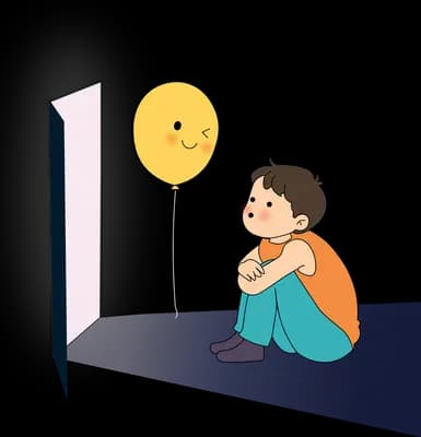 Boy sitting hugging his knees looking at a yellow smiley balloon