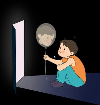 Boy reaching toward a grey sad faced balloon beside a doorway