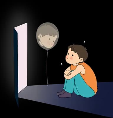 Boy hugging his knees under a floating grey sad faced balloon