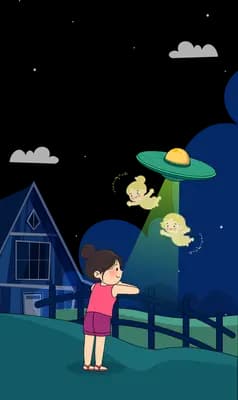 Girl at a night fence watching a glowing green creature near a house