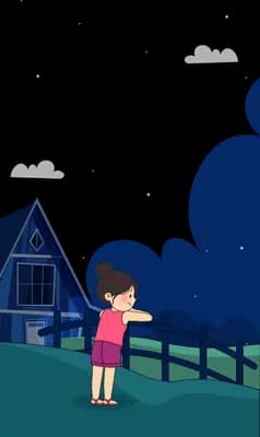 Girl standing alone at a fence looking at a dark house at night