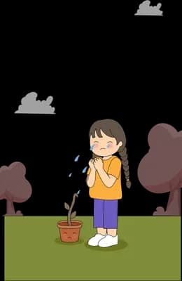 Girl watering a small potted plant on grass among pink blossom trees