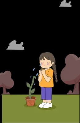 Girl tending a potted plant with a small bud opening