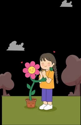 Girl standing beside a tall pink flower grown from her pot