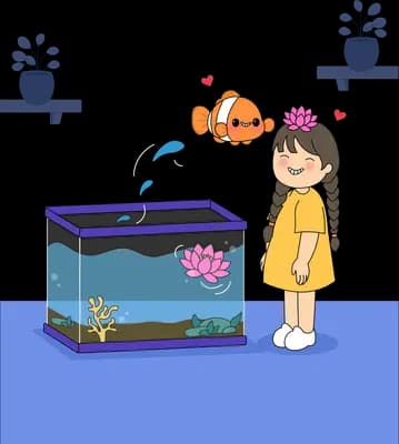 Girl with a flower crown greeting a clownfish rising from the tank