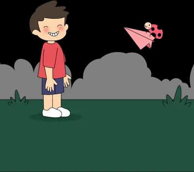 Boy smiling at a pink paper plane with a ladybug riding it