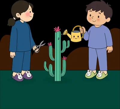 Girl and boy admiring a cactus that has burst into pink flowers