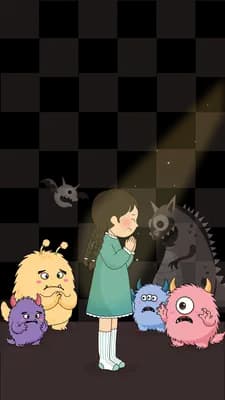 Girl standing among soft toys scattered across a dark floor