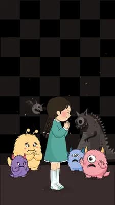 Girl surrounded by teddy bears and toys strewn on the floor