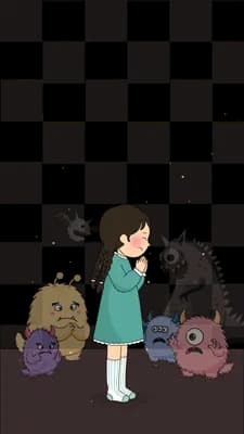 Girl standing beside a few scattered toys on a dark floor