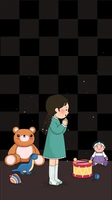 Girl standing over a teddy bear and toy drum on the floor