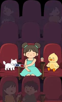 Two children in red cinema seats sharing popcorn and drinks