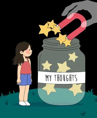 Girl watching a red magnet pull a star out of a labelled jar