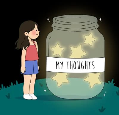 Girl standing beside a tall glass jar filled with yellow stars