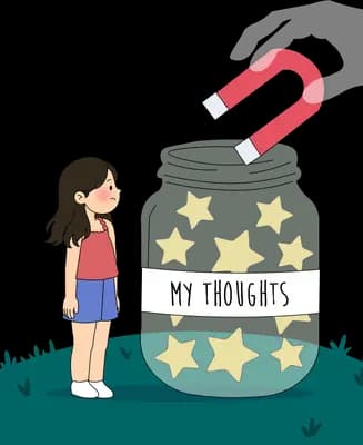 Girl beside a jar of stars as a red magnet hovers above it